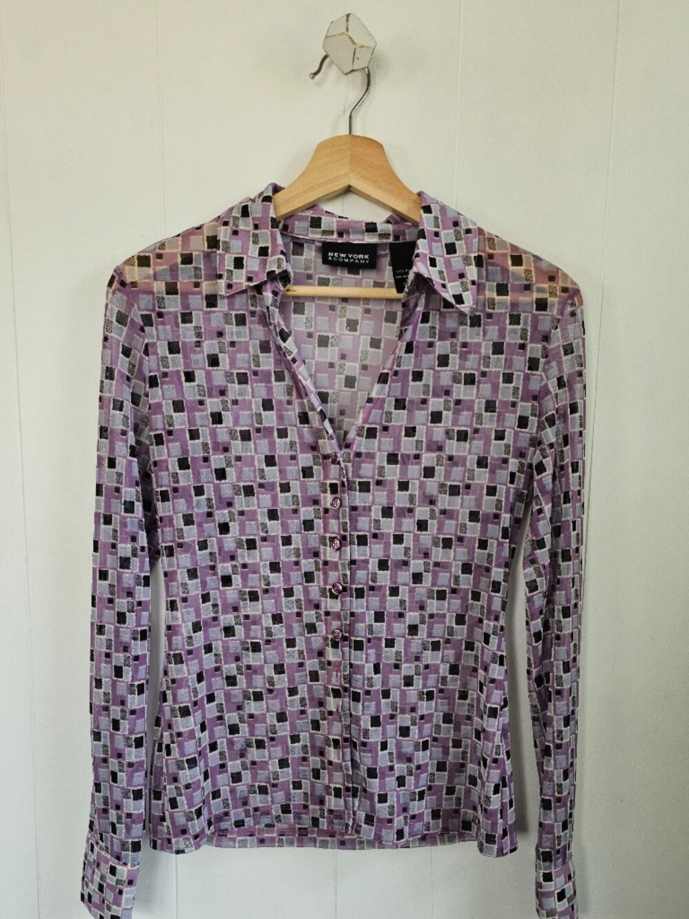 VINTAGE New York & Company Sheer Geometric Button-Up Shirt